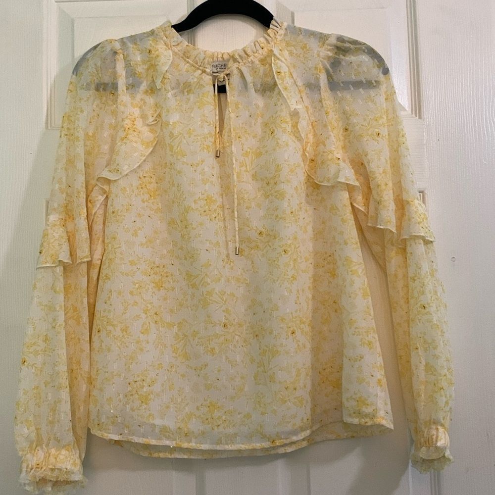 Rachel Zoe Yellow Floral Ruffle Long Sleeve Sheer  Blouse Size Small